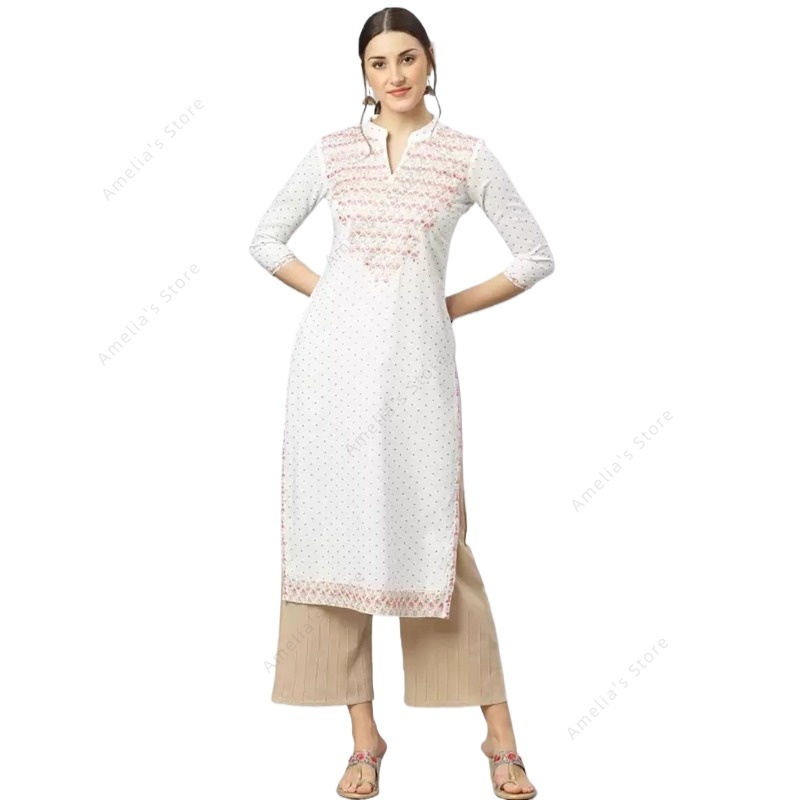 Summer Clothing Pakistan - クルタ、女性用、インド風レーヨン素材のチュニック、ゴールドプリント、エスニック柄トップス、春・夏用、薄手のロングブラウス。