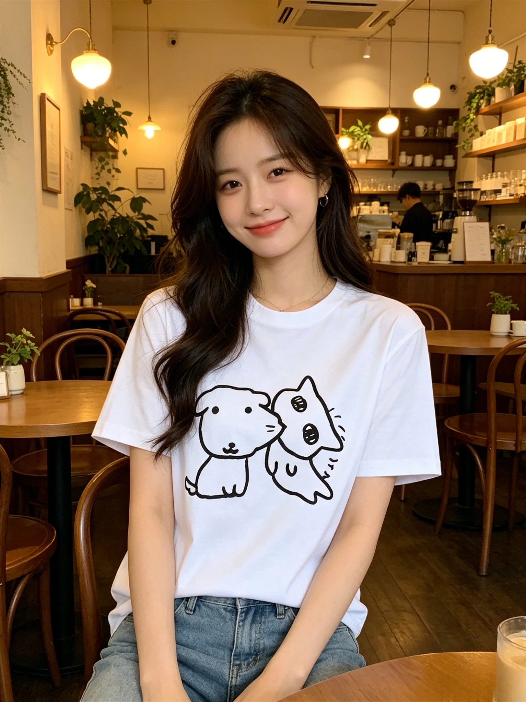 Summer Clothing Drawing - 2026年新作。かわいらしいシンプルな線画の犬と猫のプリントが施された、女性用Tシャツ。柔らかい素材で、首元が丸いデザイン。普段使いにぴったりの、カップルで着られるトップス。多くの韓国レビューも寄せられています。