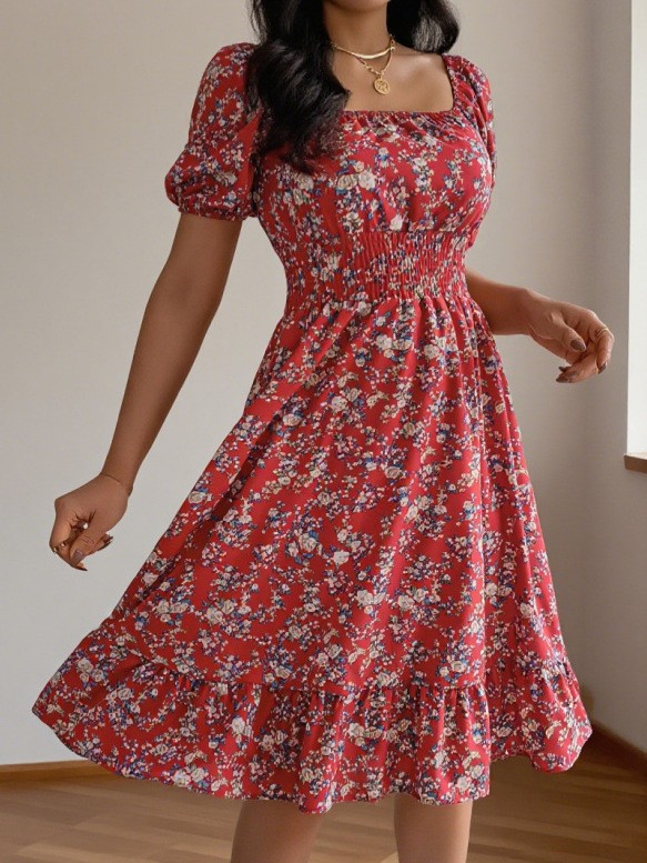夏春の女性服スクエアネック半袖花柄スリムフィットミディドレス - Summer Clothing Pakistan のレビューと価格
