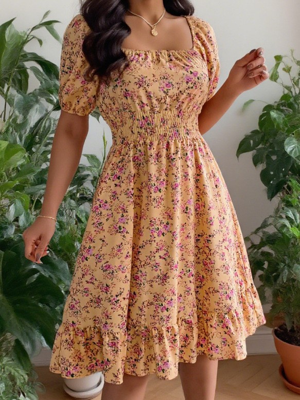 夏春の女性服スクエアネック半袖花柄スリムフィットミディドレス - Summer Clothing Pakistan のレビューと価格