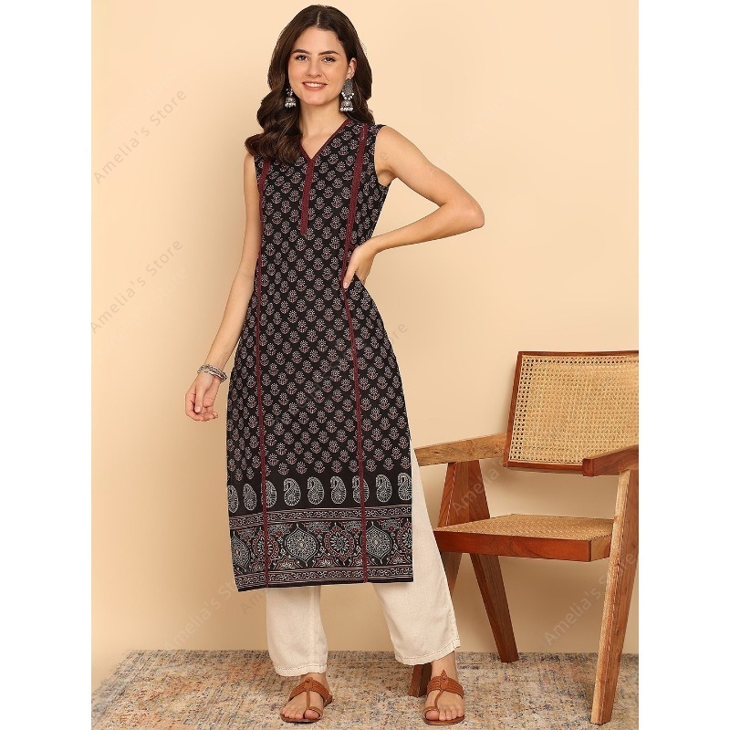 インド風の民族衣装、女性用、黒と緑のコットン素材のチュニック - Summer Clothing Pakistan のレビューと価格