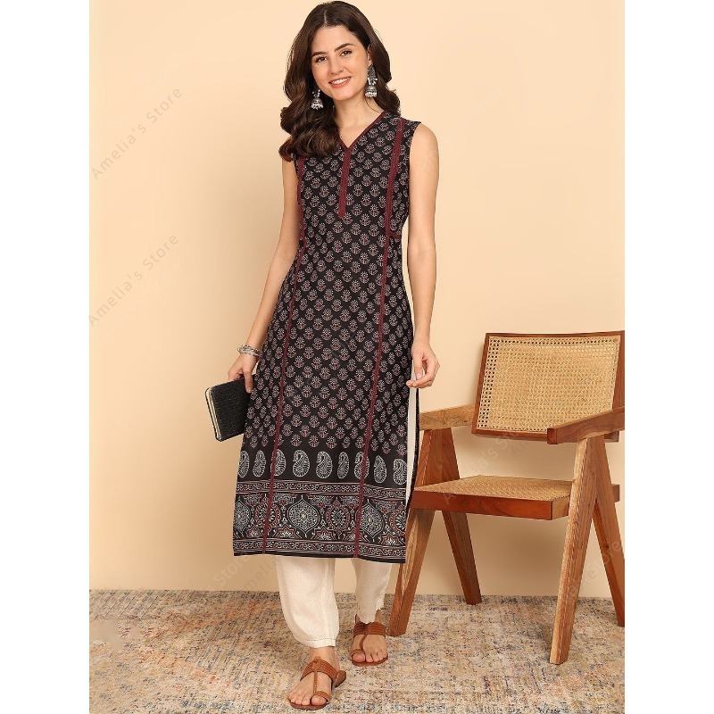 インド風の民族衣装、女性用、黒と緑のコットン素材のチュニック - Summer Clothing Pakistan のレビューと価格